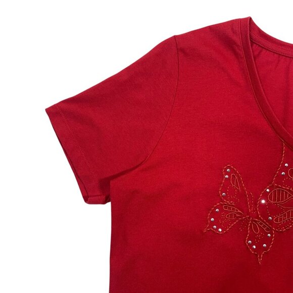 red v neck short sleeve t-shirt butterflies sz med  CAROLL REED - Picture 13 of 16
